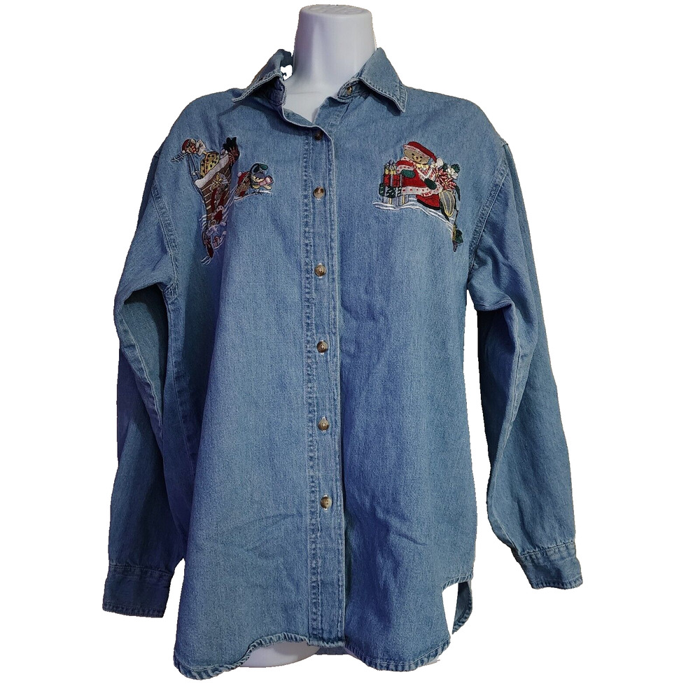 Bobbie Brooks Womens Christmas Denim Top SIze M Embroidered Holiday Bears